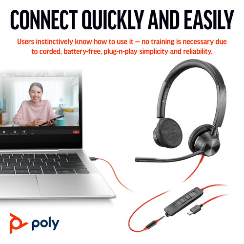 Headset HP Poly Blackwire 3325 Stereo USB-C +3.5mm Plug Wired - 8X222AA