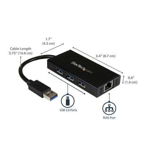 USB Hub StarTech.com 3-Port USB 3.0 Gigabit Ethernet 5Gbps Aluminum - ST3300GU3B
