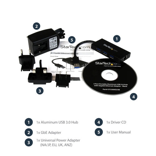 USB Hub StarTech.com 3-Port USB 3.0 Gigabit Ethernet 5Gbps Aluminum - ST3300GU3B