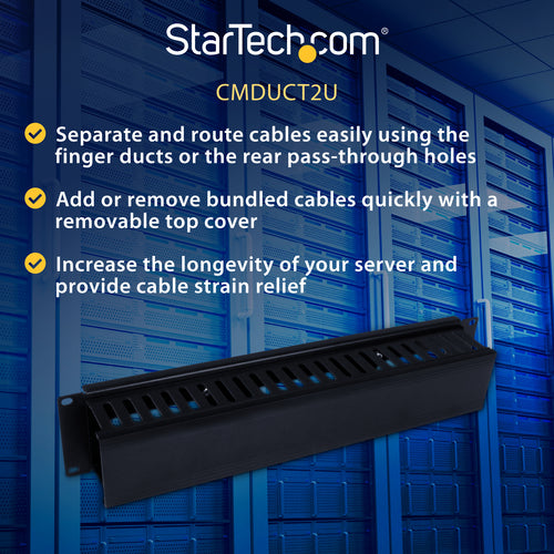 StarTech.com Horizontal 2U Cable Management Duct - Black Plastic & Steel Design