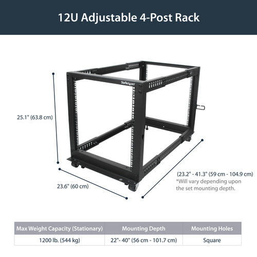 Server Rack StarTech.com 4POSTRACK12U 12U Capacity 544kg Mobile Design