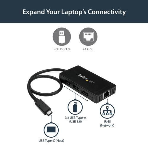 3-Port USB 3.0 Hub with Gigabit Ethernet USB-C Black