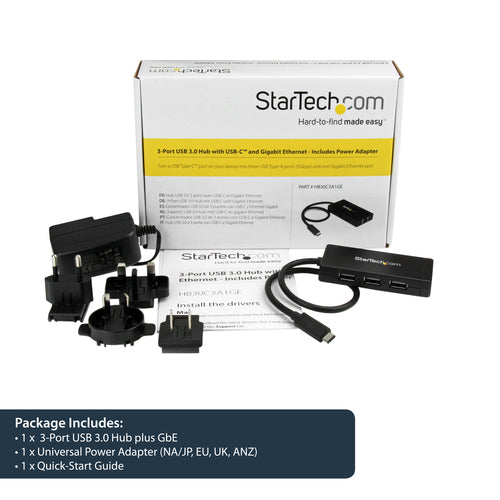 3-Port USB 3.0 Hub with Gigabit Ethernet USB-C Black