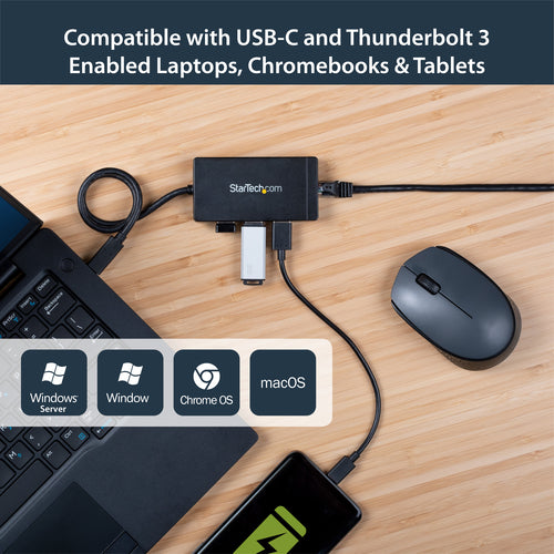 3-Port USB 3.0 Hub with Gigabit Ethernet USB-C Black