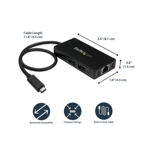3-Port USB 3.0 Hub with Gigabit Ethernet USB-C Black