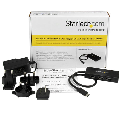 3-Port USB 3.0 Hub with Gigabit Ethernet USB-C Black