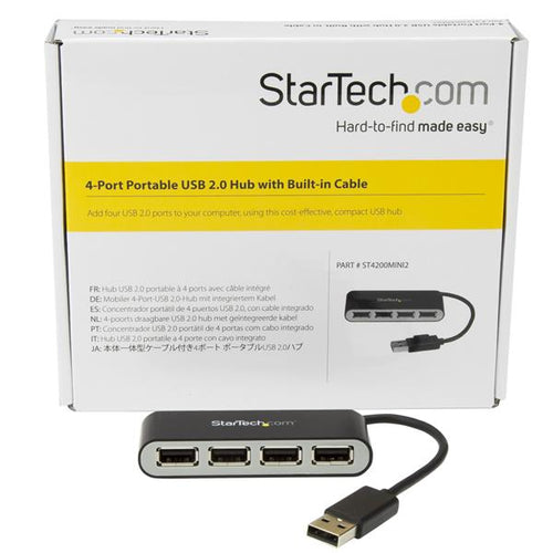 USB Hub StarTech 4-Port Portable USB 2.0 480 Mbit/s Built-in Cable