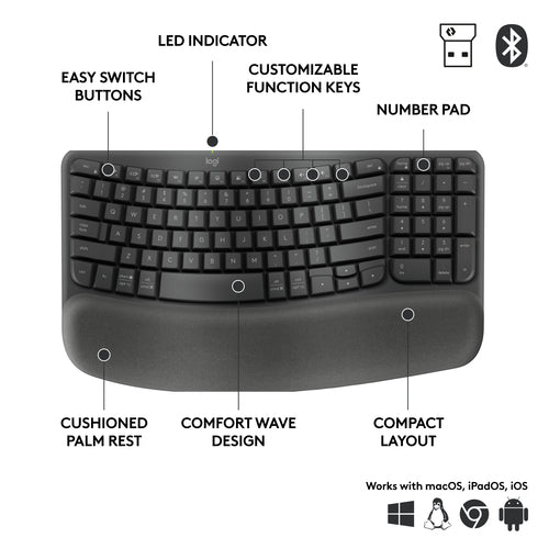 Wireless Full-Size Keyboard QWERTY Bluetooth Graphite Membrane Key Logitech ERGO