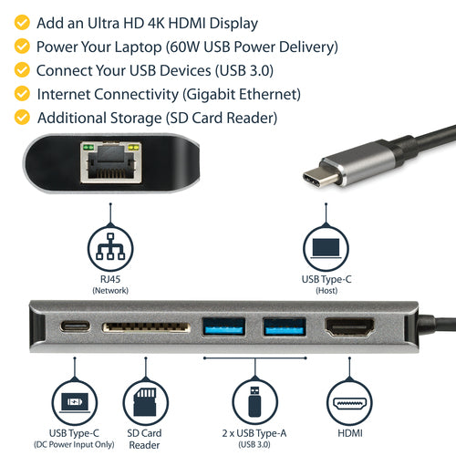 USB-C Multiport Adapter StarTech DKT30CSDHPD3 4K HDMI 60W Power Delivery