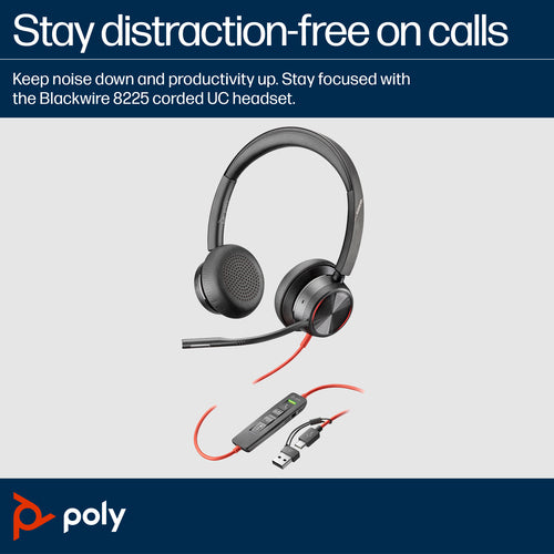 Headset HP Poly Blackwire 8225 Stereo Microsoft Teams Certified USB-C Wired 186g - 8X225AA