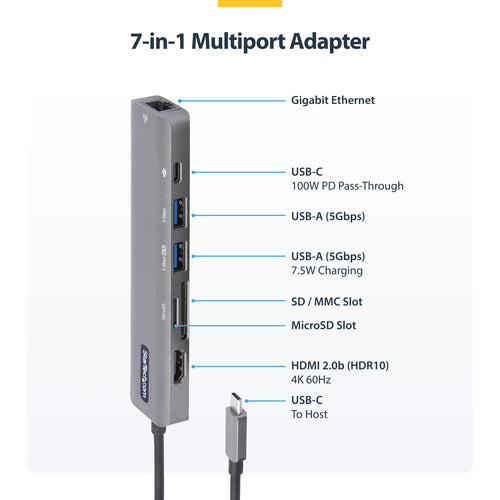 USB-C Multiport Adapter Hub StarTech DKT30CHSDPD1 4K 60Hz HDMI Gigabit Ethernet 100W Charging