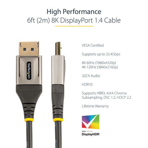 DisplayPort Cable StarTech.com DP14VMM2M 8K 60Hz 4K 120Hz VESA Certified 6ft
