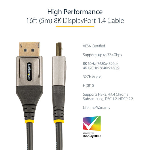 DisplayPort Cable StarTech DP14VMM5M 16ft 8K 60Hz HDR10 4K 120Hz M/M - DP14VMM5M