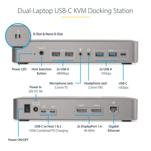 KVM Switch StarTech.com 129UE-USBC-KVM-DOCK Dual-Laptop USB-C Dock 4K 60Hz DisplayPort 5-Port USB Hub - 129UE-USBC-KVM-DOCK