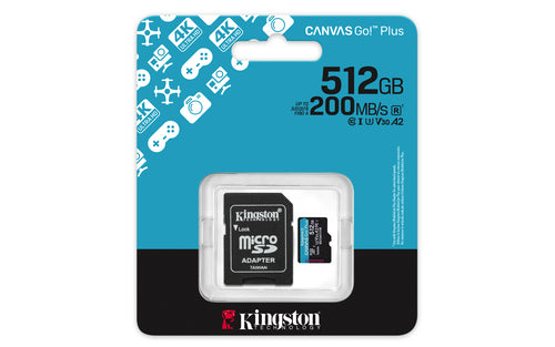 512GB Kingston Technology Canvas Go! Plus MicroSDXC Card 200MB/s A2 U3 V30 with Adapter