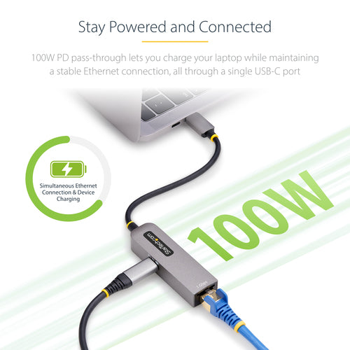 USB-C Ethernet Adapter StarTech 1GPD3 100W PD Pass-Through 1Gbps Thunderbolt Compatible - 1GPD3-USB-C-ETHERNET
