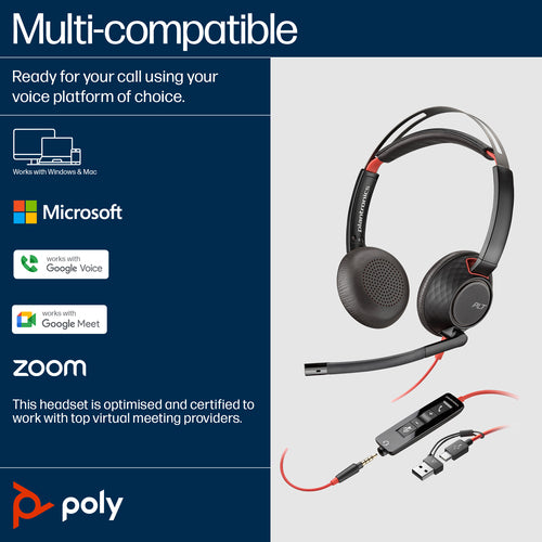 Headset HP Poly Blackwire 5220 Stereo USB-C 3.5mm Plug Wired 165.2g - 8X231AA