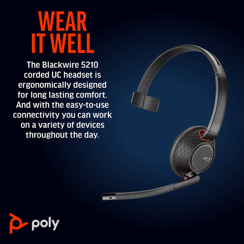 Wired Headset HP Poly Blackwire 5210 USB-C 3.5mm Adapter Bulk - 8X230A6