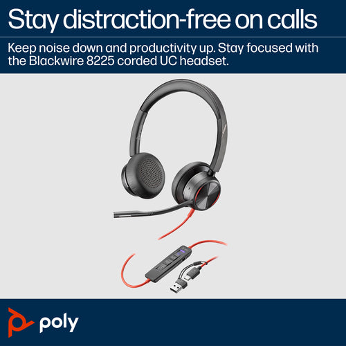 Headset HP Poly Blackwire 8225 Stereo Microsoft Teams Certified USB-C Wired 186g - 8X225AA